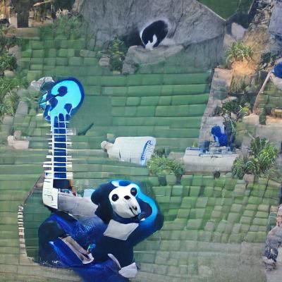 A giant panda playing a blue guitar