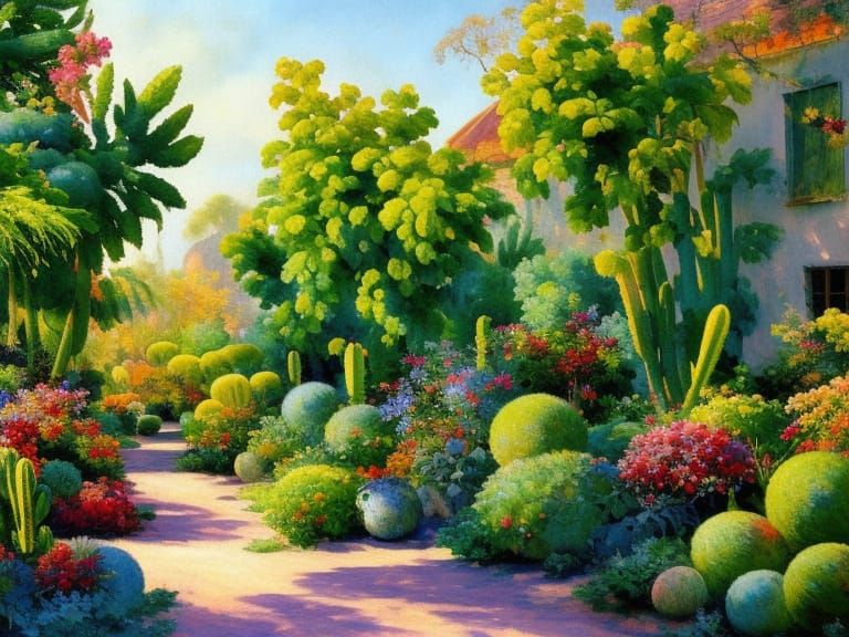 Bloomy cactus, agava and exotic trees in garden, Sandy alley, realistic painting, ...  by @Thunder Cube