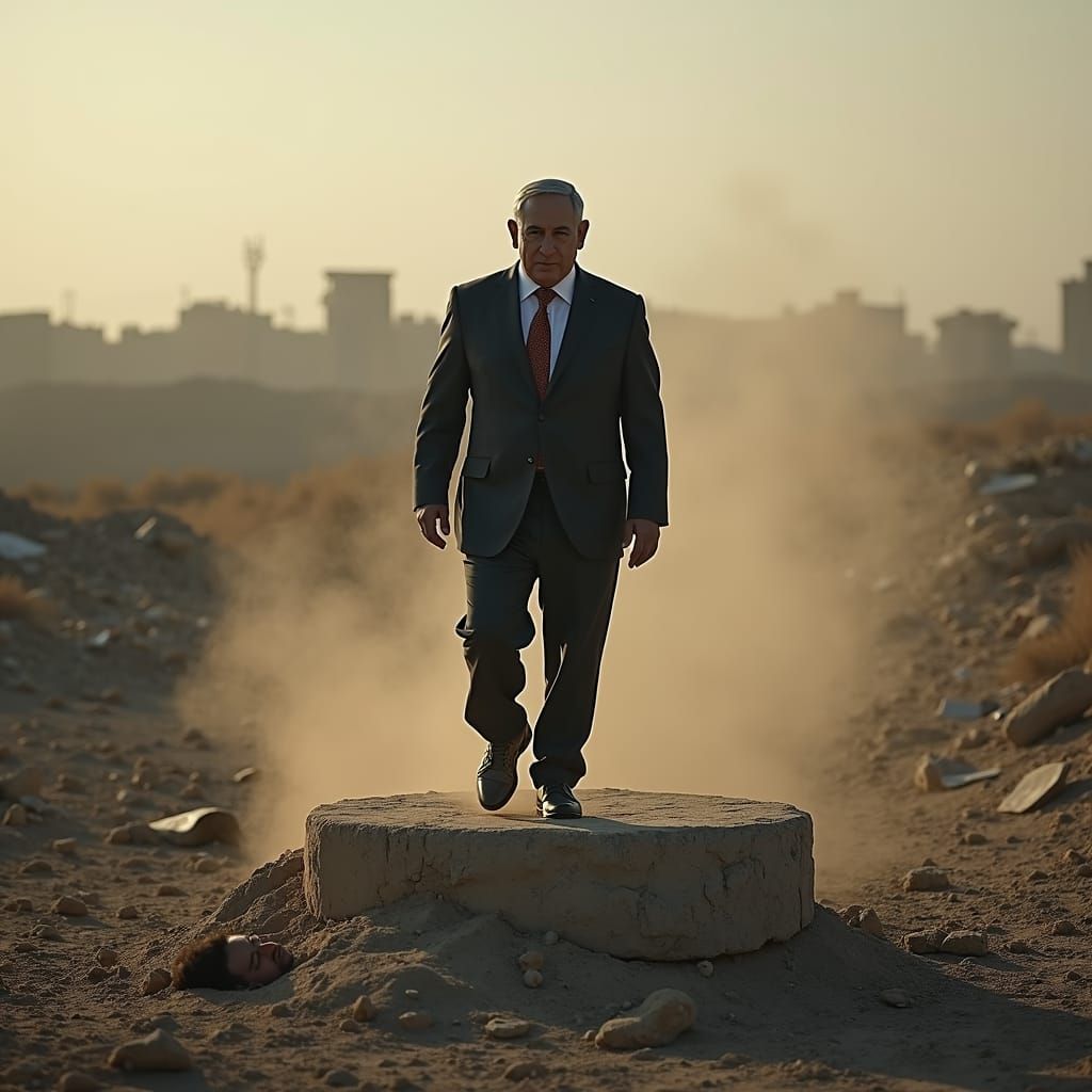 Netanyahu in Gaza: Hyperrealistic Cinematic Image