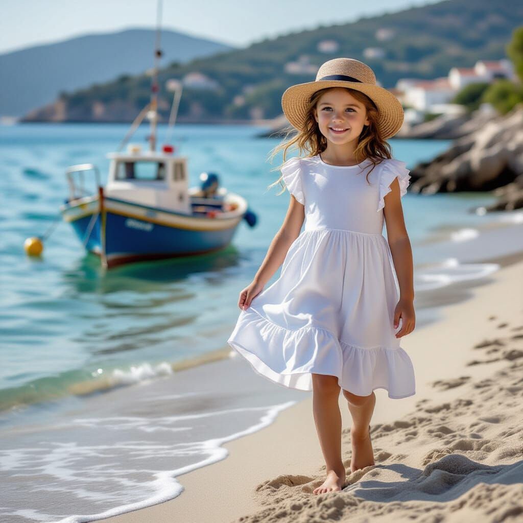Girl in White Dress Walking on Beach
