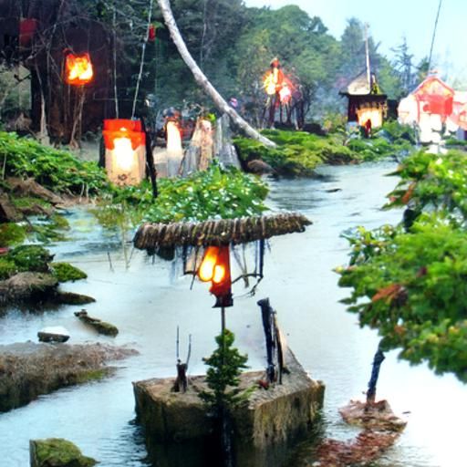 a small stream running through a tiny forest village