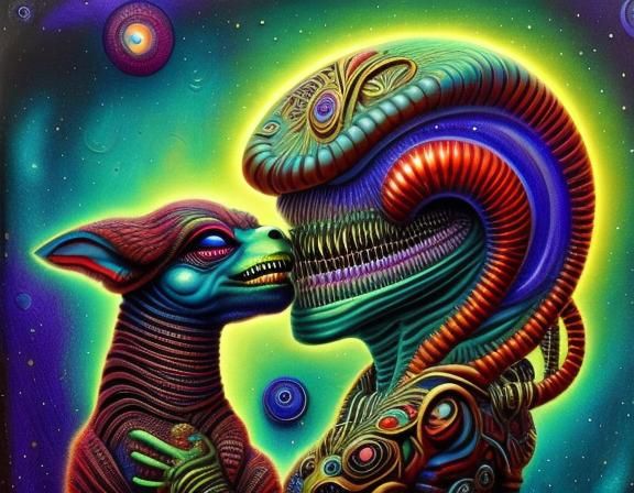 rococo-horrorcore colorful smiling confused-faced huge-eyed plump mammal with an alien face and fiery floral hair, grooves, by <gustav klimt...