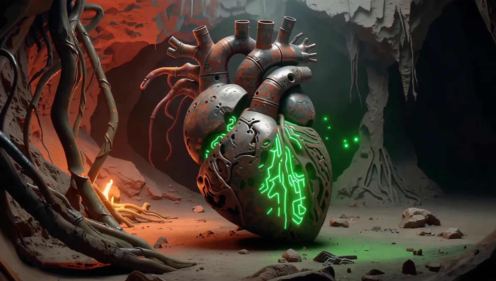 Biomechanical Heart Pulsates within a Cavernous, Alien Landscape.