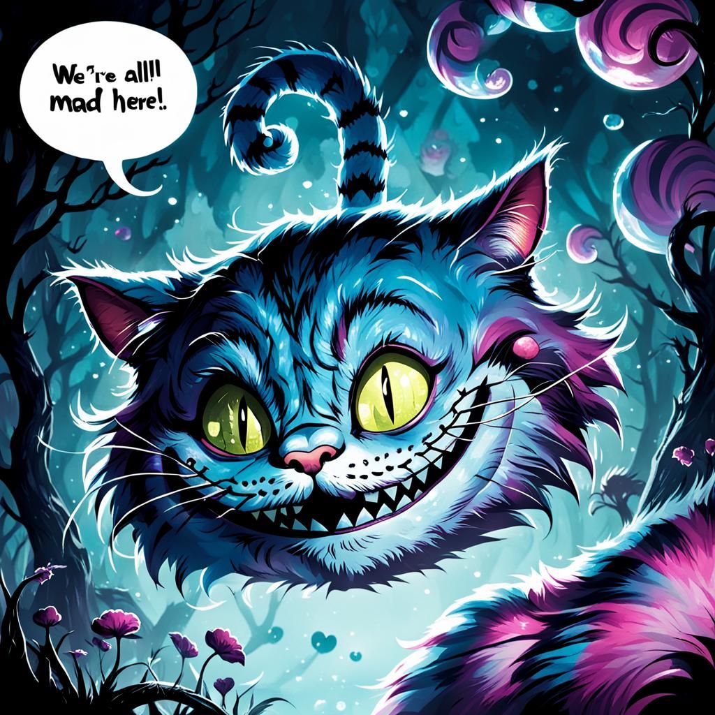 Cheshire cat saying "We're all mad here" in a chat bubble.  by @Suz
