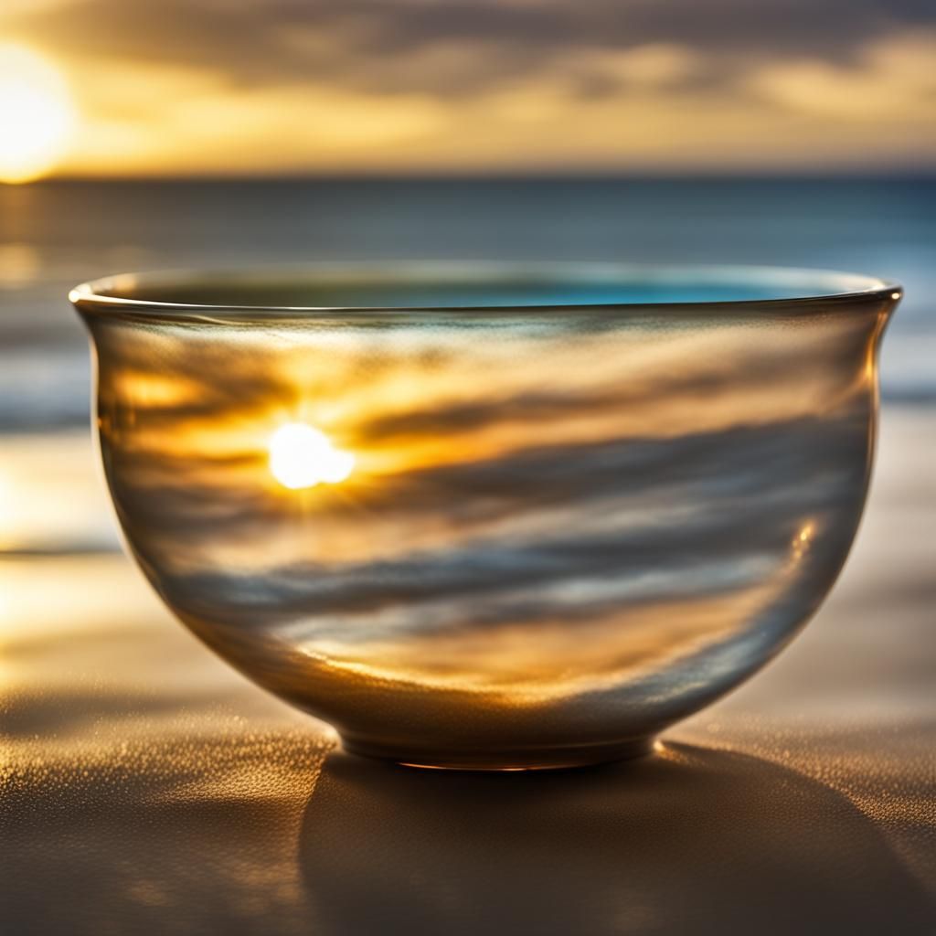 Glass bowl with a beach and sunset.