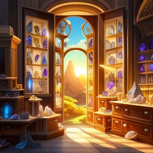 New Age Crystal Shop, many large crystals with points, amethyst geodes, New Age Art, a Magical store ...  by @Irina Nola