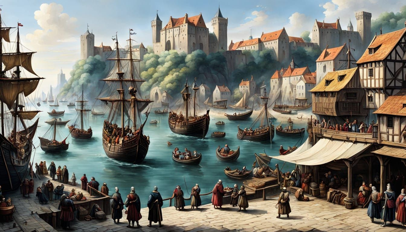 Depict a busy medieval sea port with ships and people 