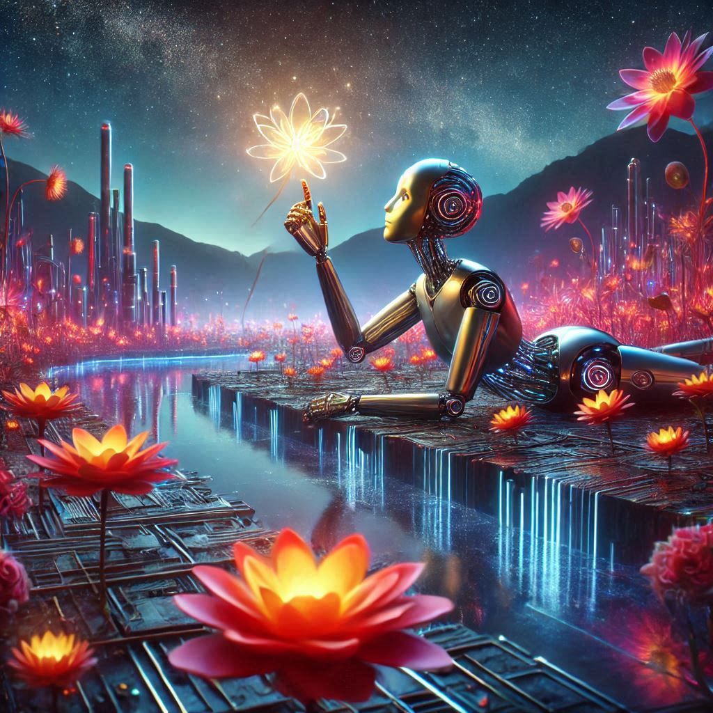 A cute cyborg in a field of flowers