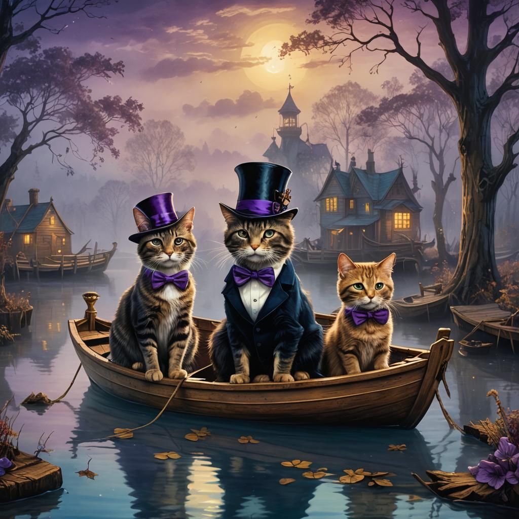 Cats in Hats on Wooden Boat, Fantasy Art
