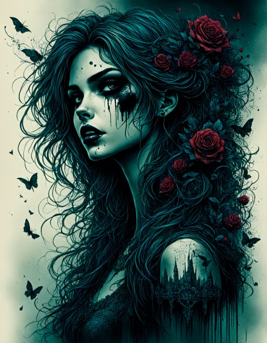 <lora:Twisted Ink:1.0> <lora:Gothipunk Vampires 2:1.0> <lora:HRH-moody-ink:1.0> Whispers in the dark