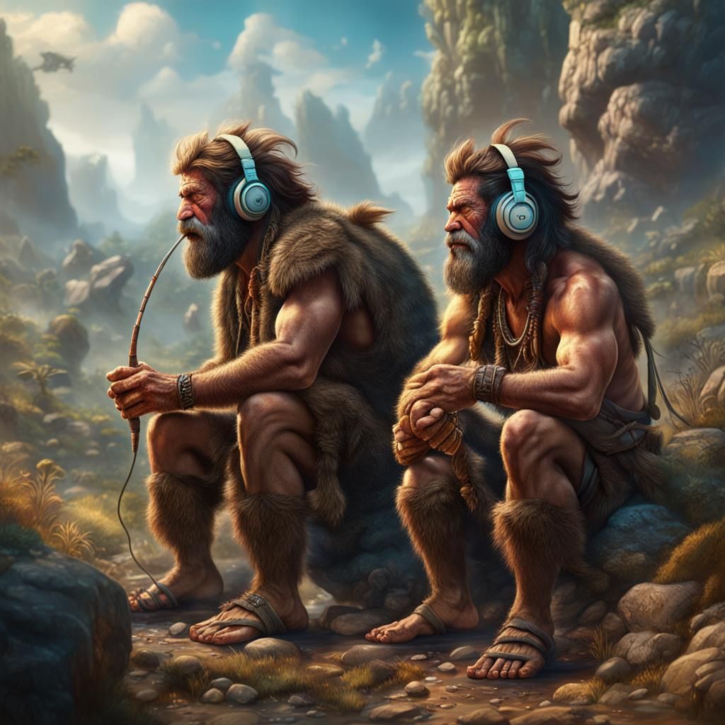 cavemen listening to music through earphones in the paleolithic period  by @jnatas