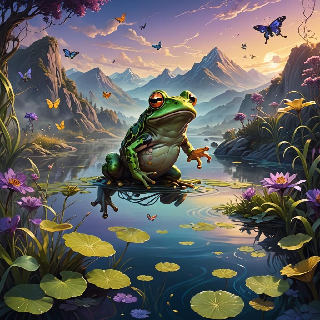 Frog Jumps in Dark Fantasy Landscape as Oil Painting