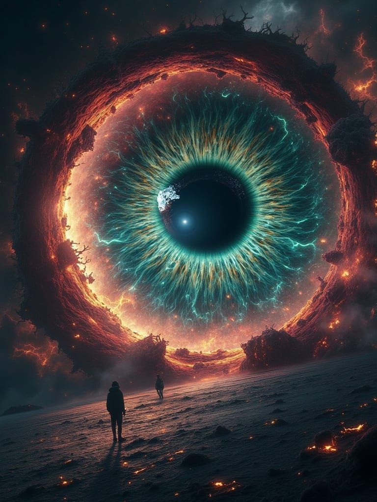 the huge and great eye of the universe, jailed in a cabin with other creatures who are lost, surreal scenes <lora:Divine Threat:1.0> glitch ...
