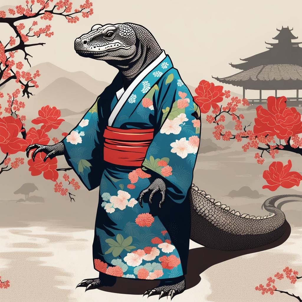 A komodo dragon in a kimono