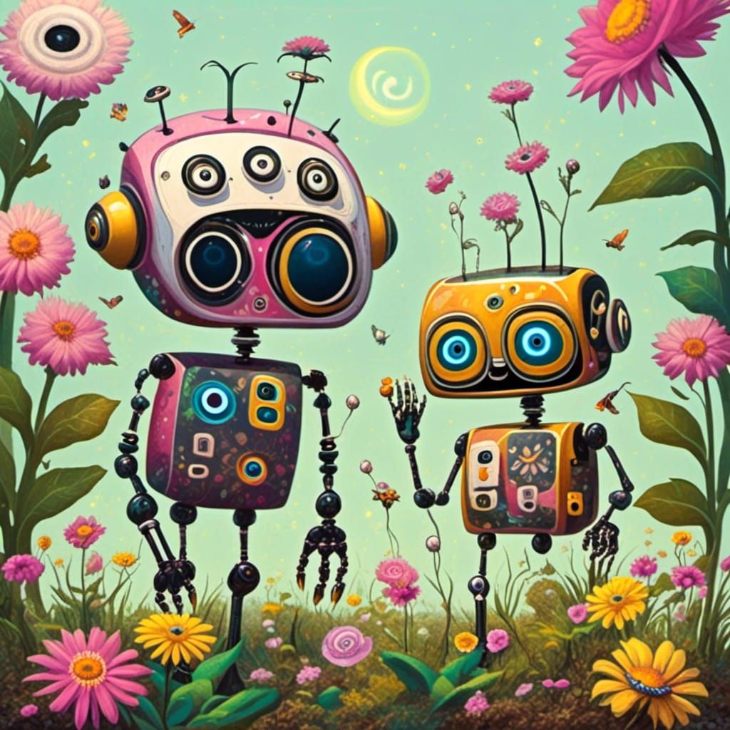 <lora: CrazyTown :1.0> Cute robots in a flower garden 