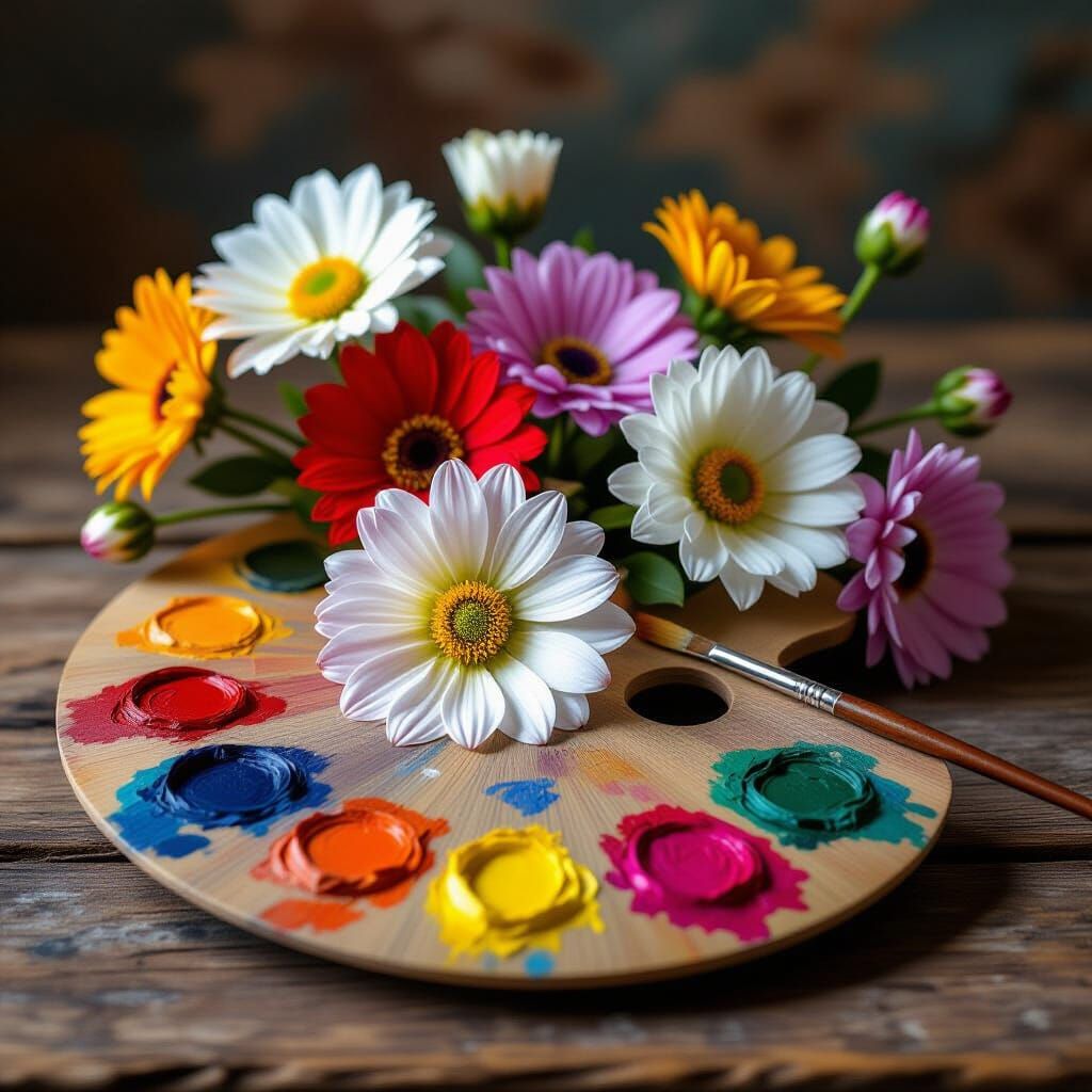 Real Flowers Bloom From Painter's Palette, Photorealistic Ma...