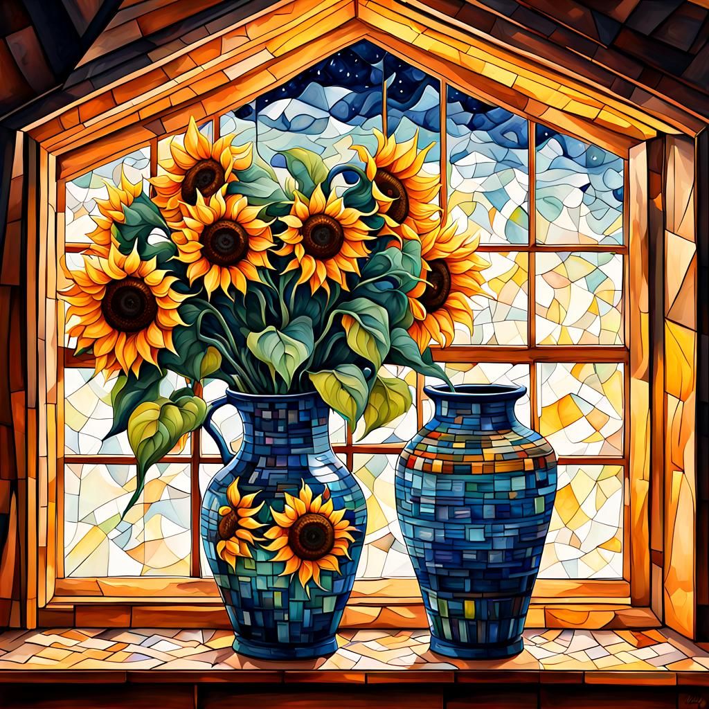Vase of sunflowers.  by @CatSighs