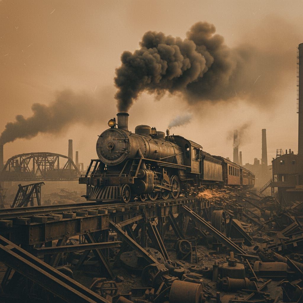 A powerful  vintage steam locomotive, chugs through a desolate, industrial wasteland. Smoke billows from its smokestack,...