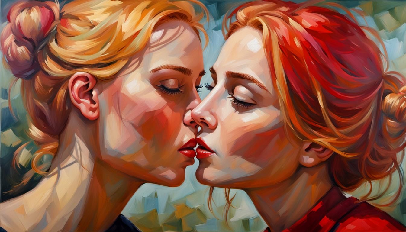Wide eye photo portrait two gorgeous women kissing each othe...