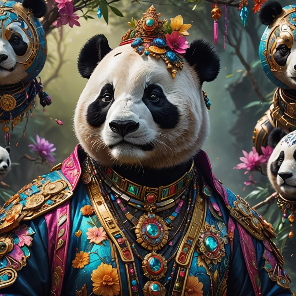 Hyperrealistic portrait of a beautiful panda wearing intrica...