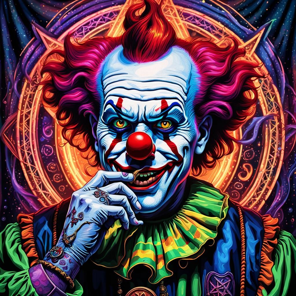 Neon lights, Clown; puffing on a tobacco pipe ; voodoo satan...