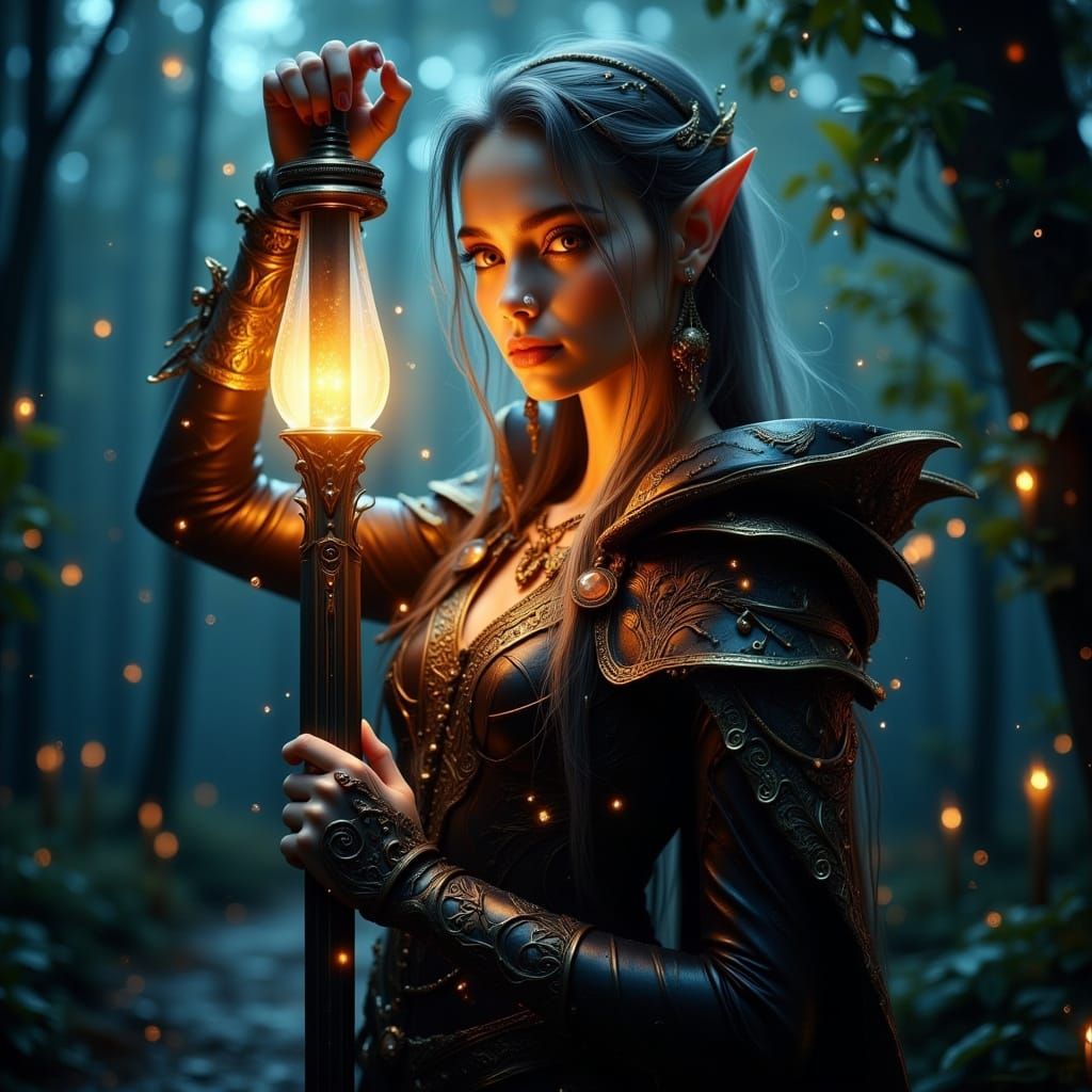 Darkly Magical Elven Warrior Woman in Ethereal Light