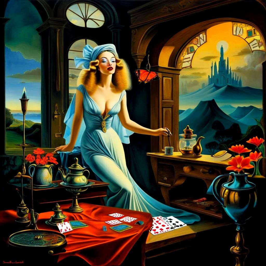 Surrealistic Lady in a Vibrant Triadic Landscape