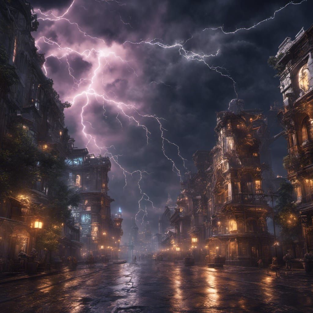 night city, fantasy, clouds, lightning, different lights  by @Marty