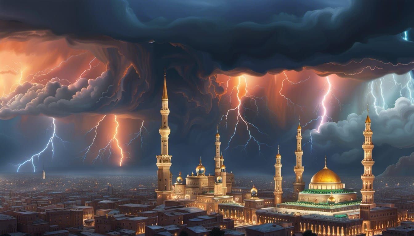 beautiful Islamic metropolis in lightning storm AI Generated Artwork