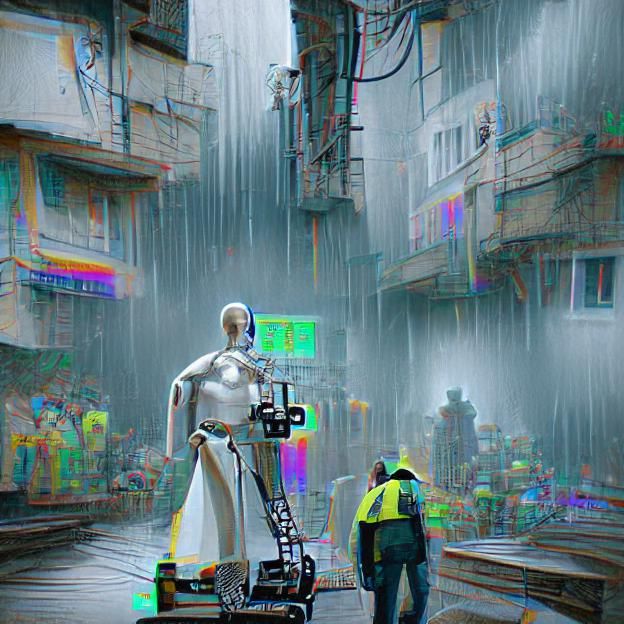 Robot Jesus walking in the rain