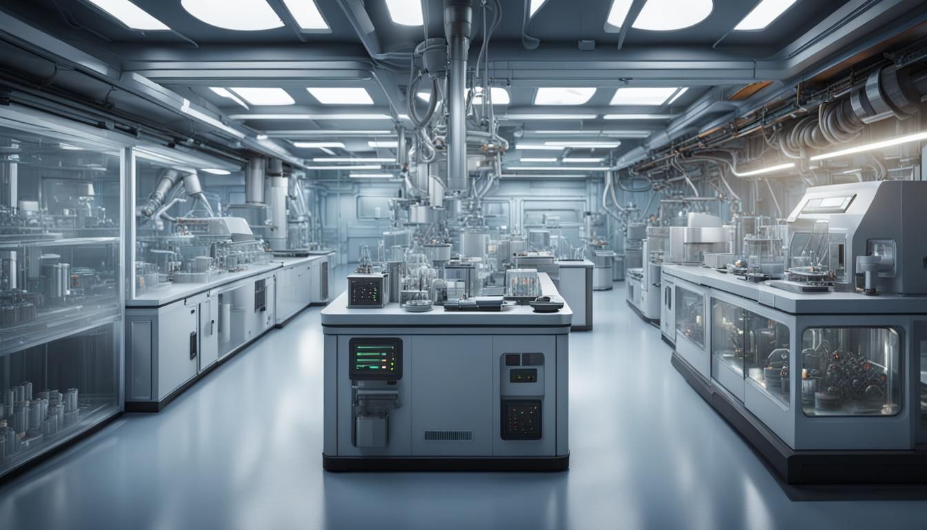 A futuristic laboratory crowded with equipment and container...