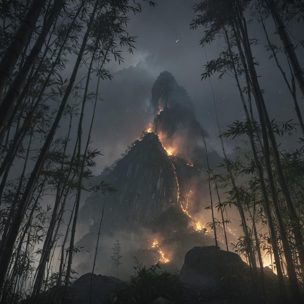 Hyperrealistic, Japanese forest, bamboo, mountain, fog, nigh...
