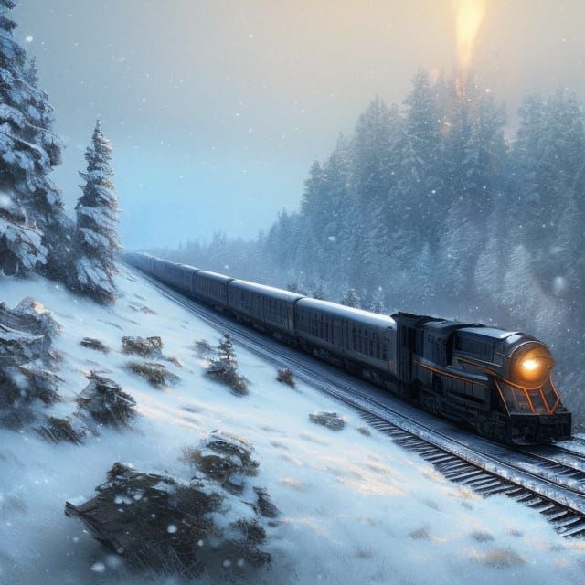 Train running in the middle of a winter landscape 8k resolution concept art by Greg Rutkowski dynamic ...  by @Lilith