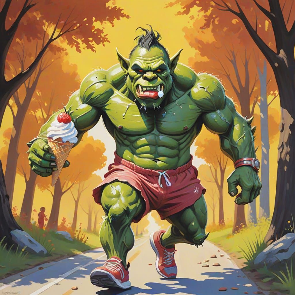 Orc running a marathon, gouache detailed painting