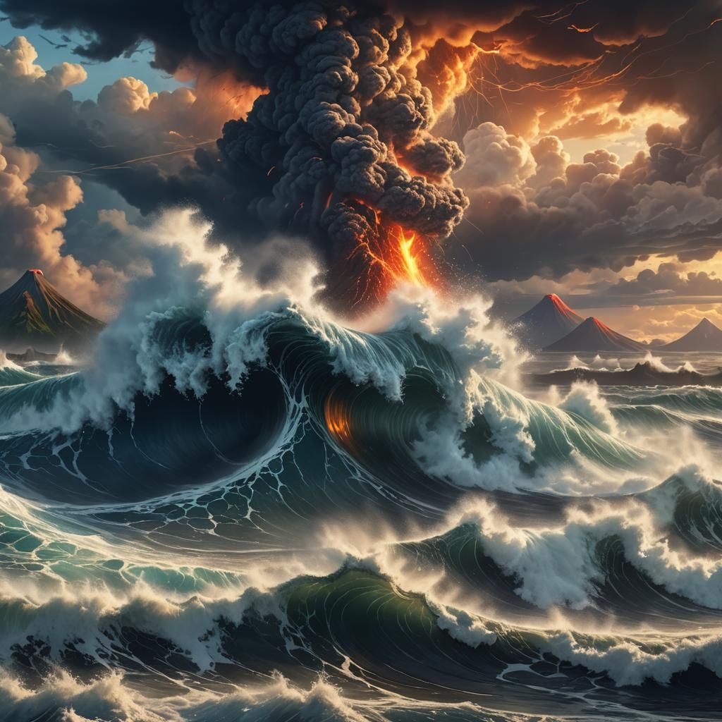 Tsunami in the ocean, stormy clouds, volcano in the background