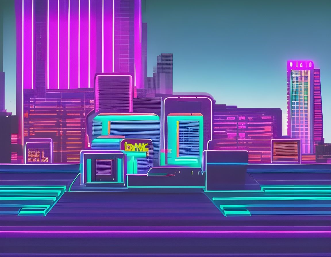 terrace village cyberpunk synthwave neon retro
