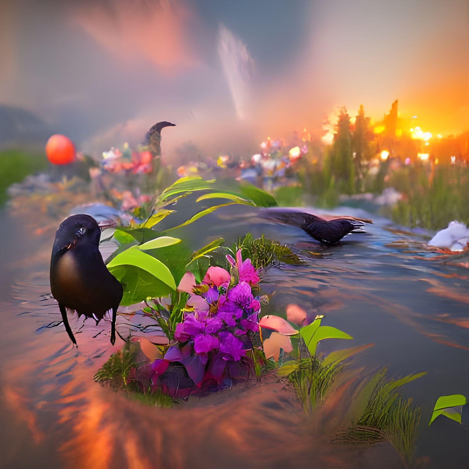 A crow on pitcher  floating in stream blossoming sunset plan...