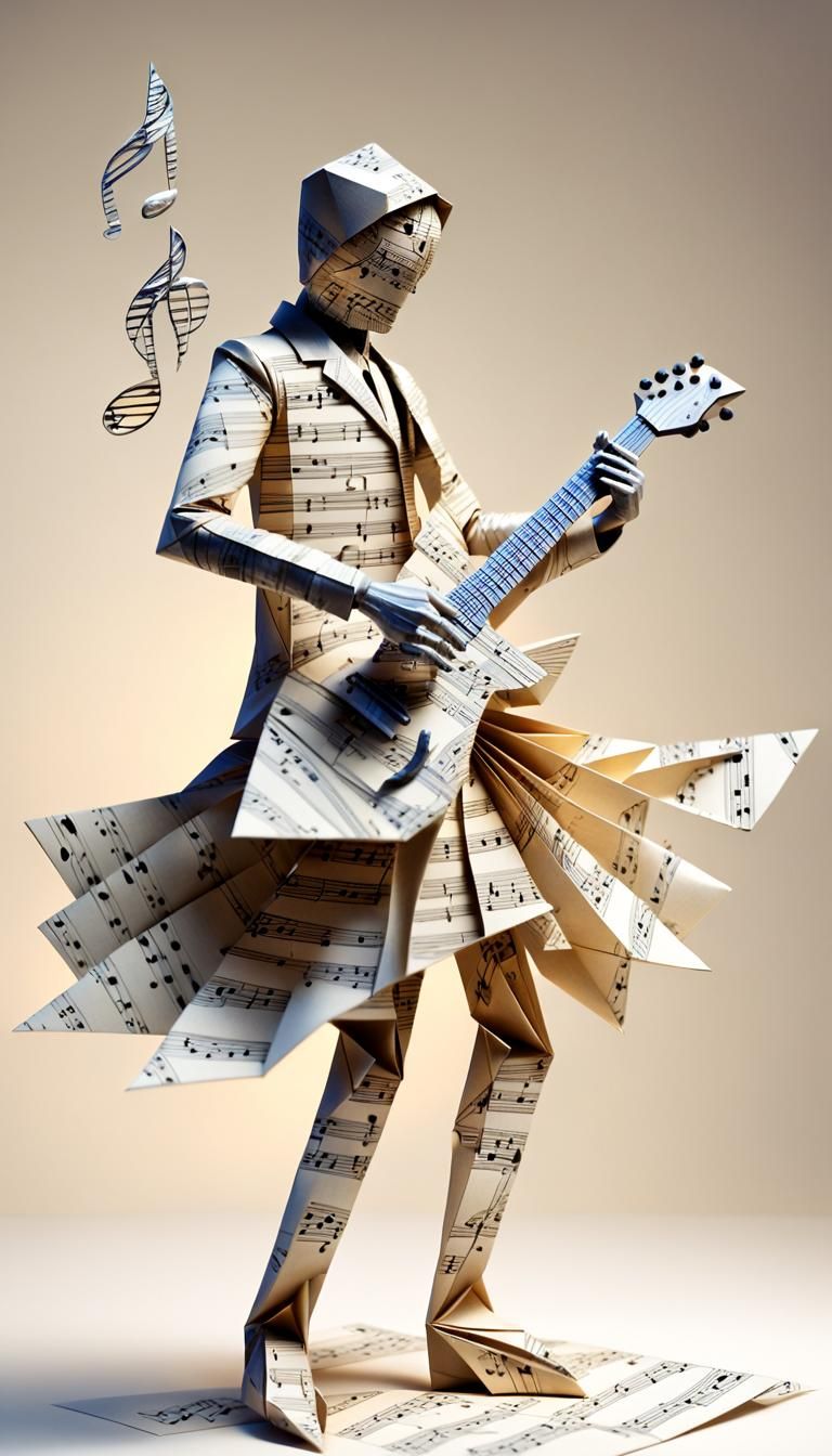 faceless human figure, crafted from intricately folded music...