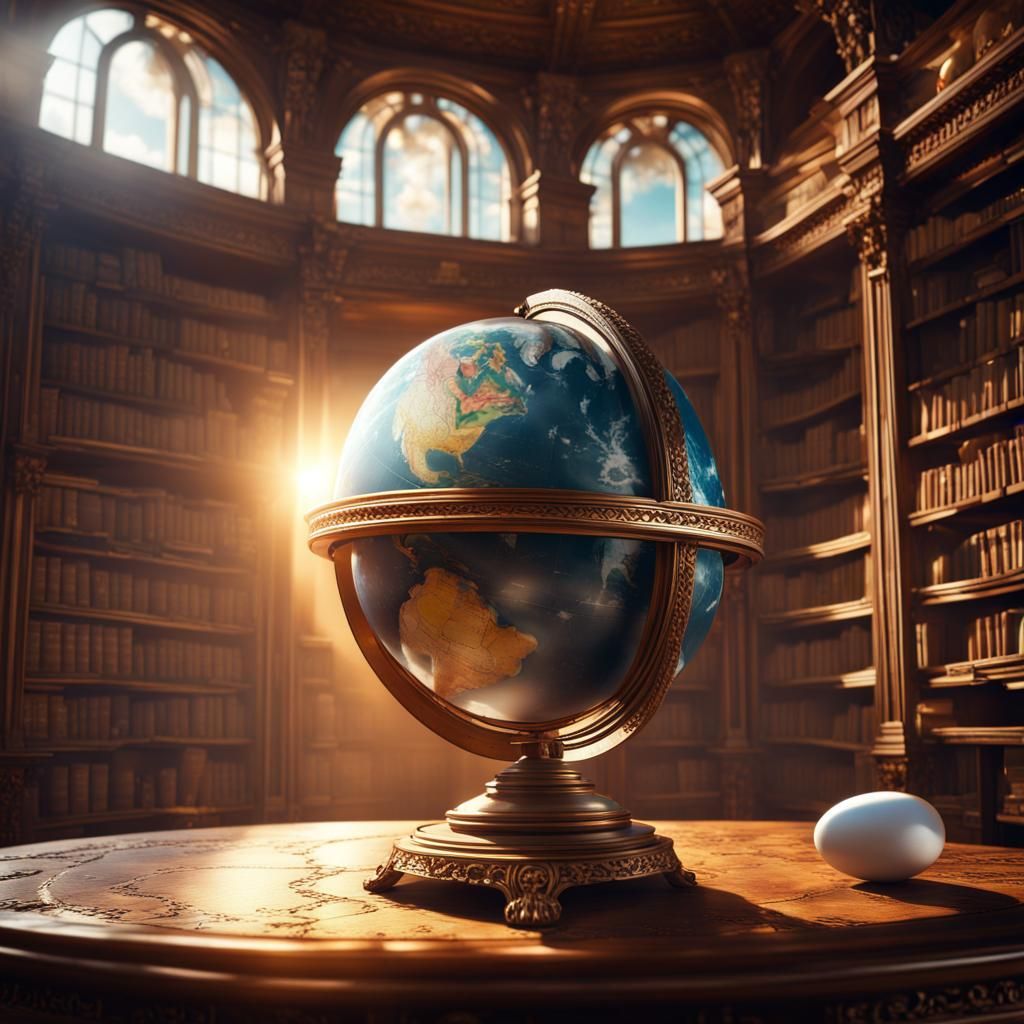 egg cracking on top of the world globe in a vintage library ...