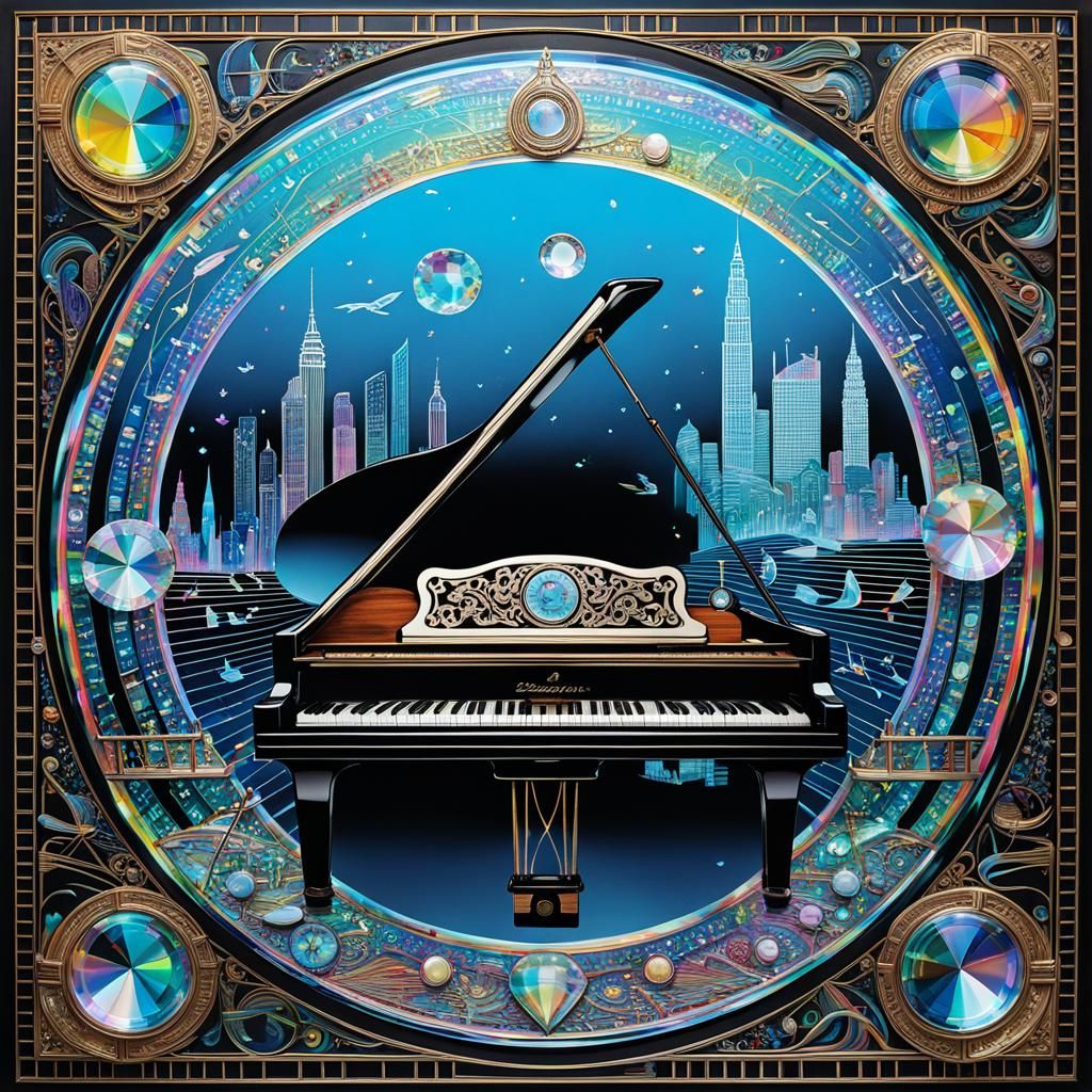 Holographic Lounge Music Record Cover with Crystal Motifs