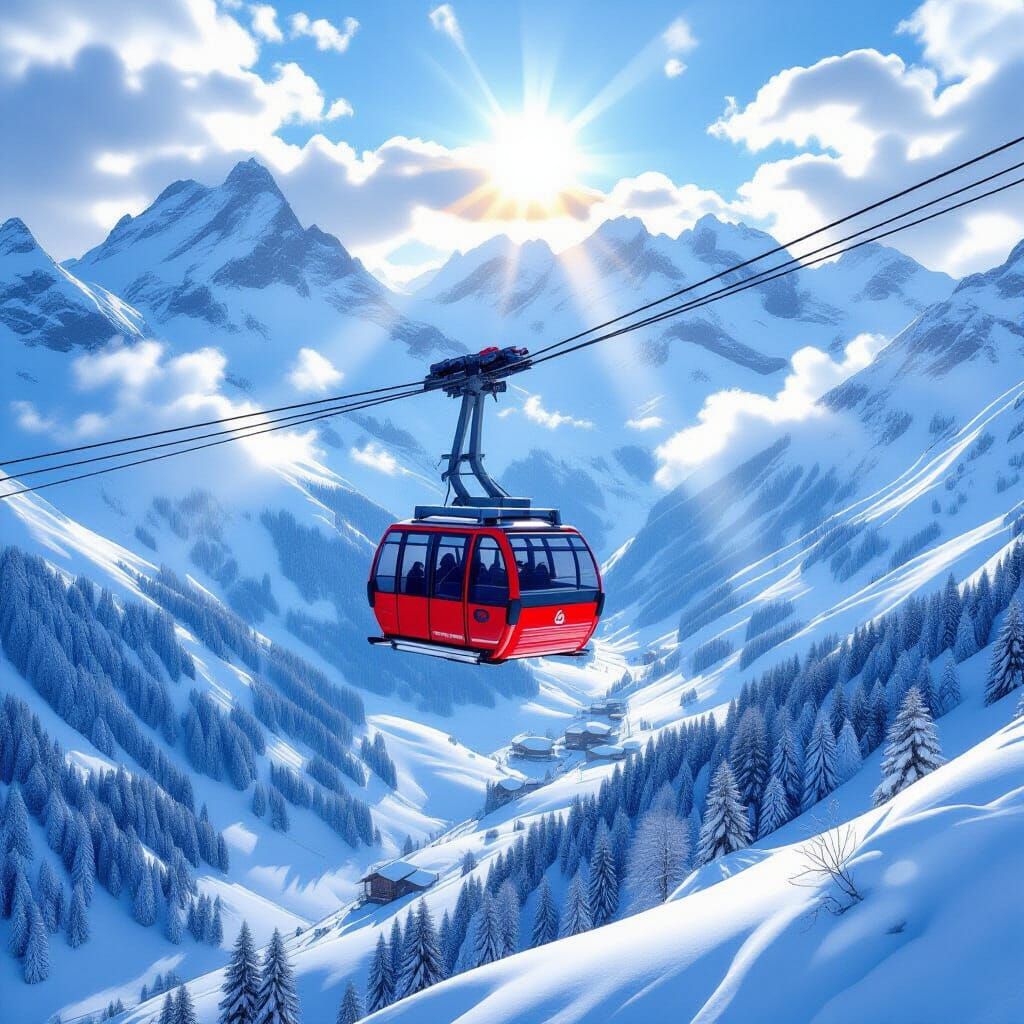 Imagine A bright red cable car is suspended above the snow covered peaks of the Alps.  Sunlight filters through the clouds, dappling the gre...
