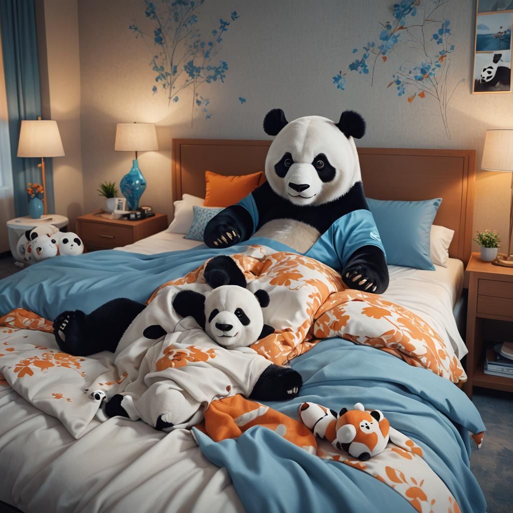 Panda Family Portrait in Modern Hotel Room