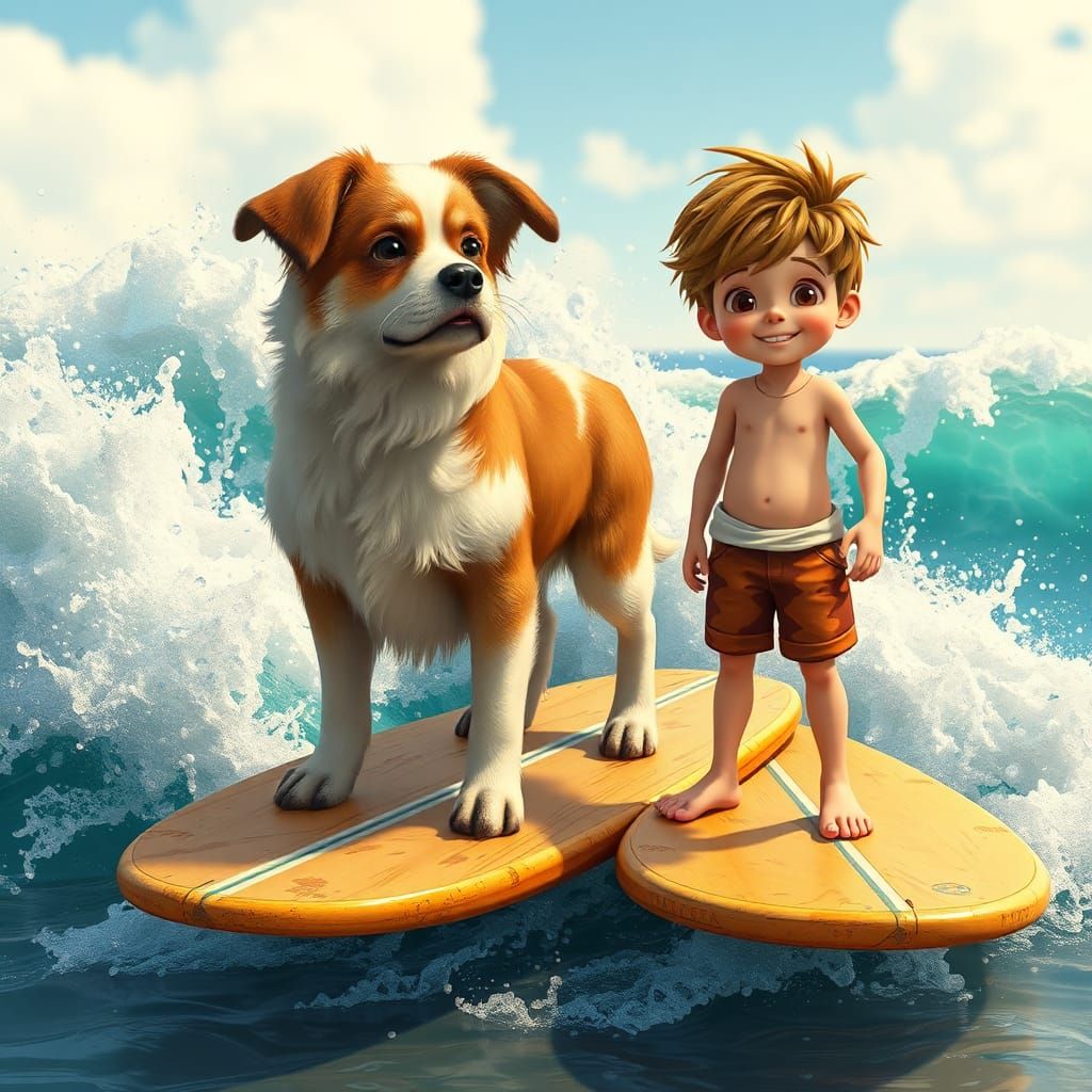 A great dog on surfboard in beach and an european kid boy br...