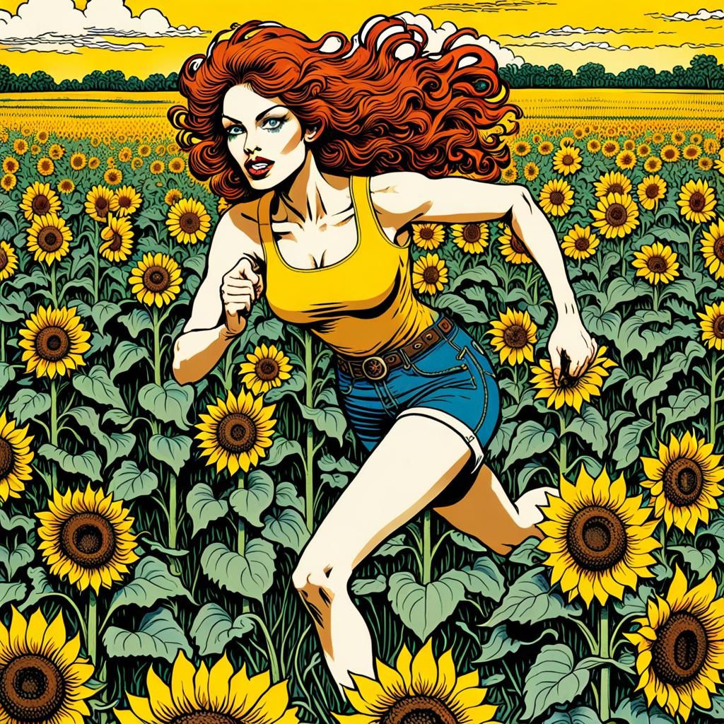Running in a field of sunflowers  (comic art)