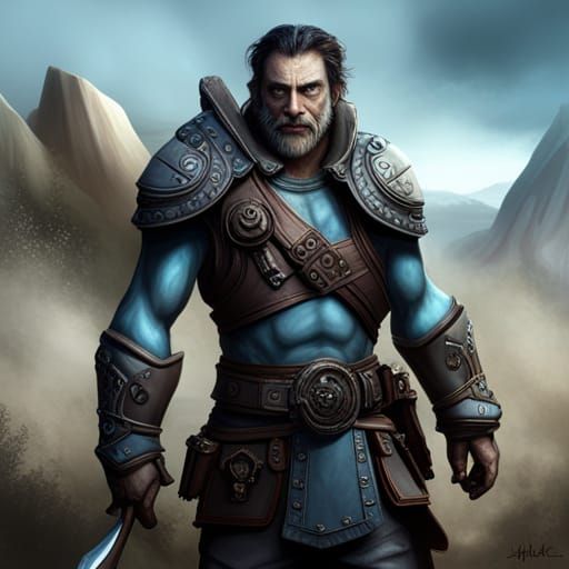 Half orc half human male, pale blue skin, leather armor, mec...