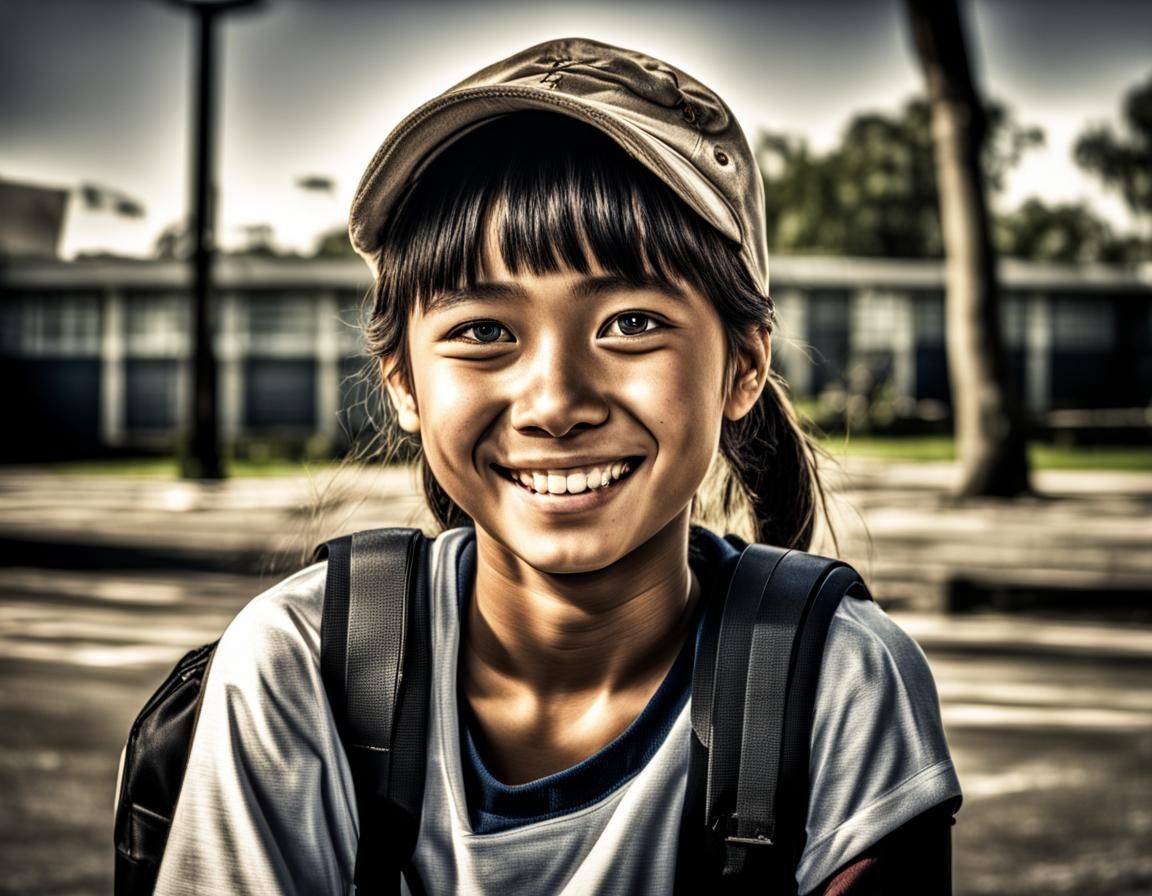 A high school girl  is smiling at me intricate details, HDR,...