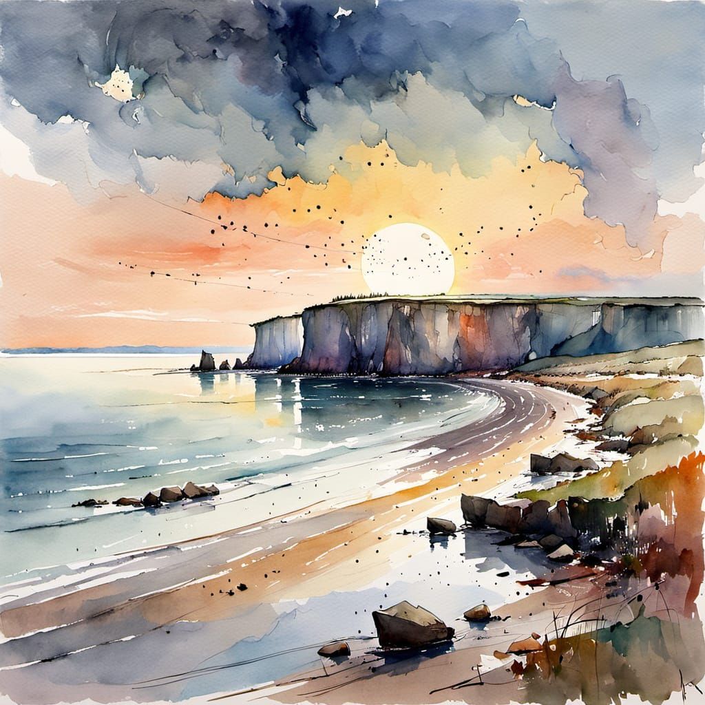 Dreamy Coastal Watercolor in Soft Sunset Light