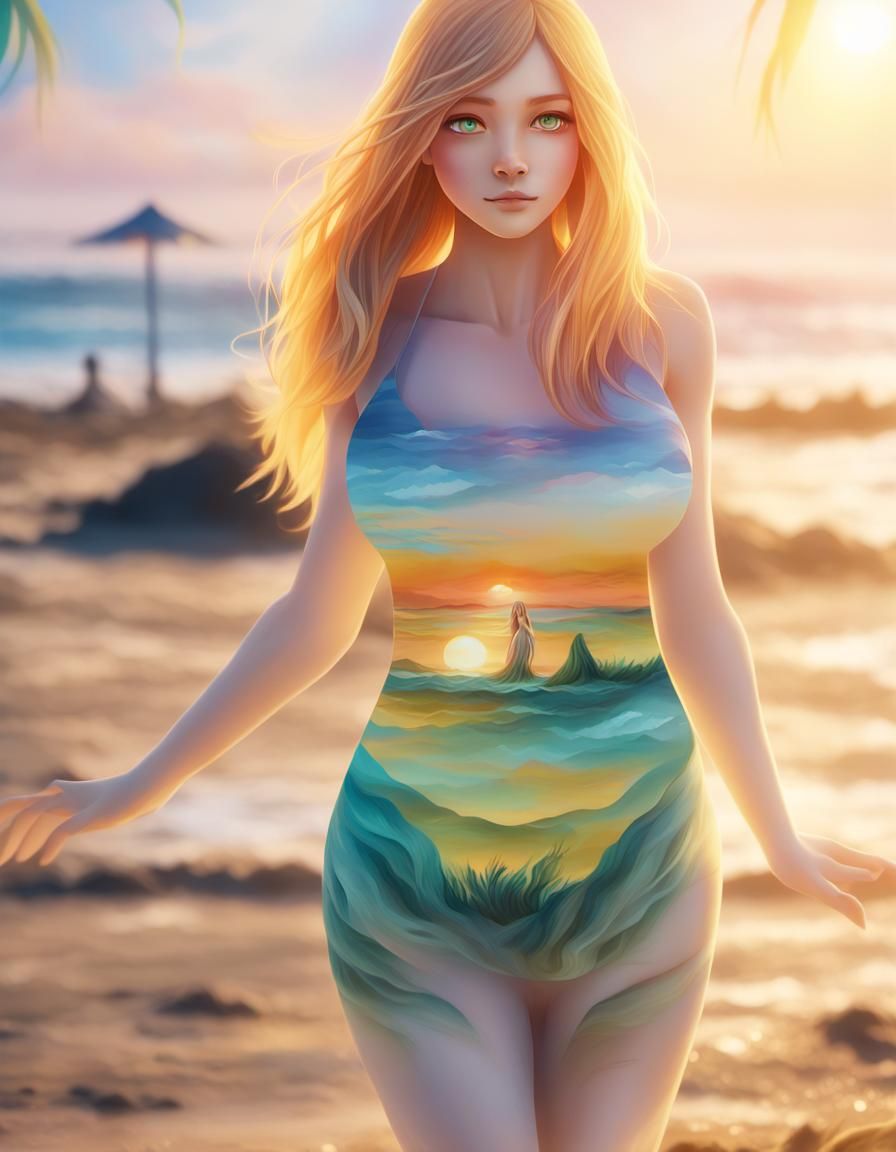 Anime Woman Portrait at Beach in Genshin Impact Style