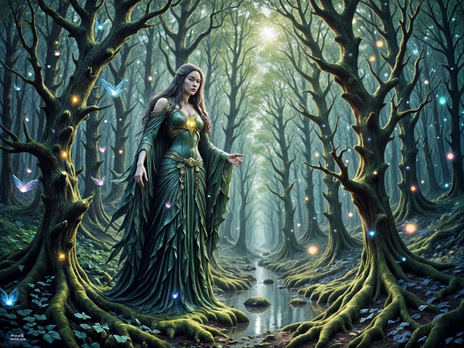 Mythical Forest with Iridescent Orbs in Comic Style