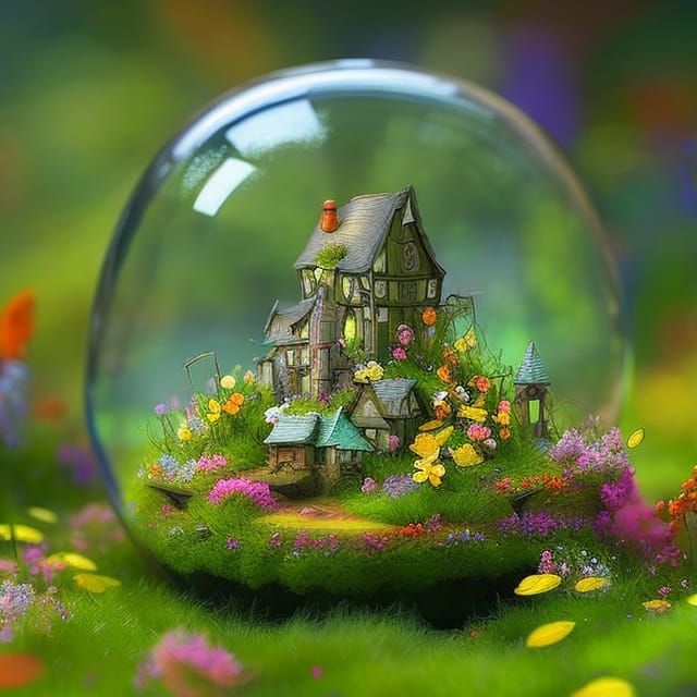 Miniature Fairy Village in Glass Jar, Digital Art